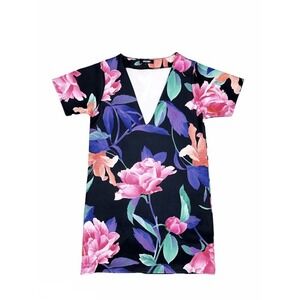 Missguided Black Floral Short Sleeve‎ Scuba Shift Dress Size 6